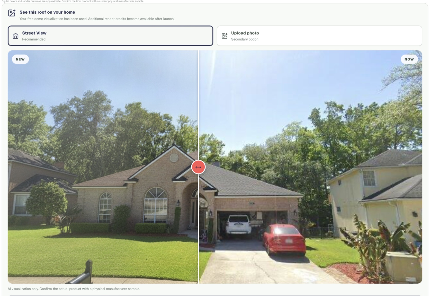 Before and after roof visualization generated from a home photo